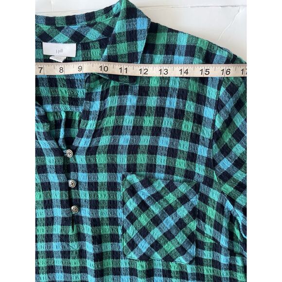 J Jill Tunic Top Shirt Women L Green Black Plaid Relaxed 1/4 Button Up Cottage - Picture 4 of 9